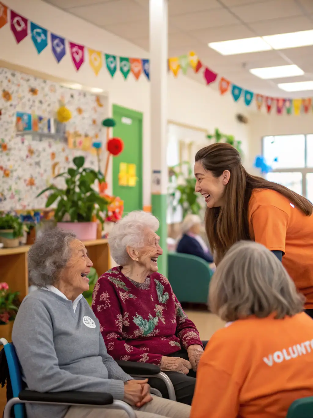 A group of volunteers providing support to individuals in a community center setting, representing ASMH's social support programs.