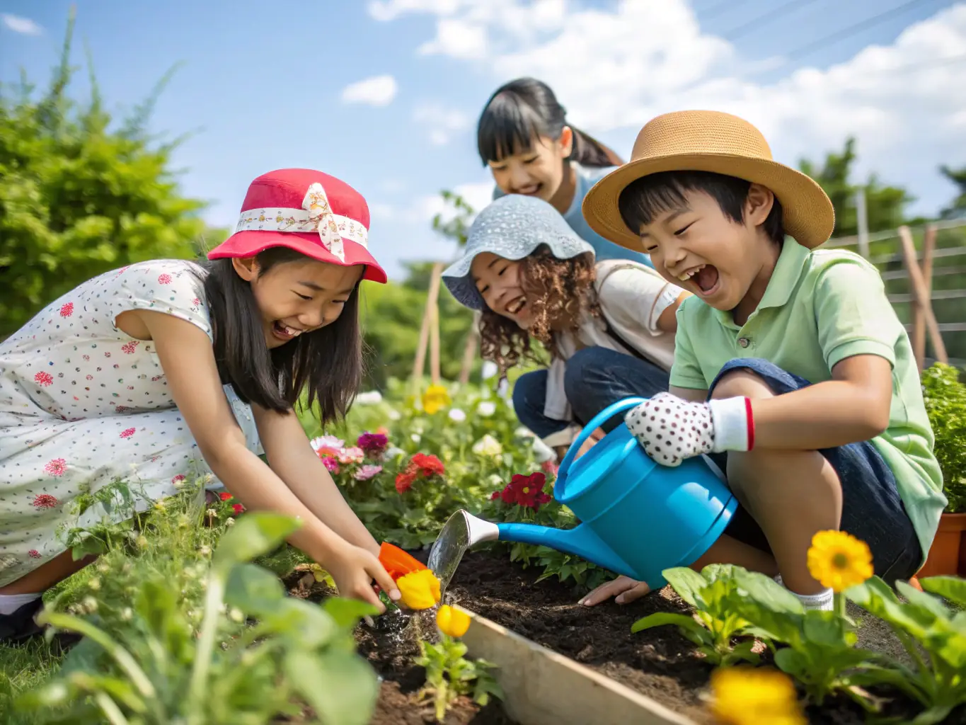 A group of diverse individuals participating in a community gardening project, planting vegetables and flowers together, symbolizing community engagement and sustainable living.