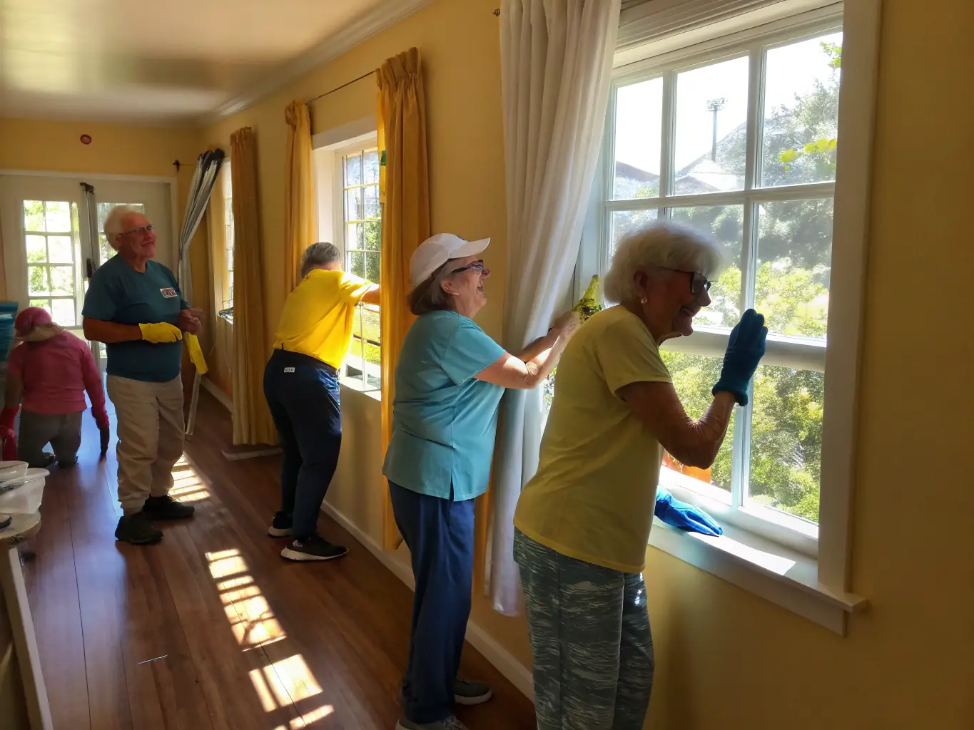 A photograph of volunteers assisting elderly individuals with their daily activities, such as grocery shopping and household chores, showcasing the organization's commitment to elderly care.