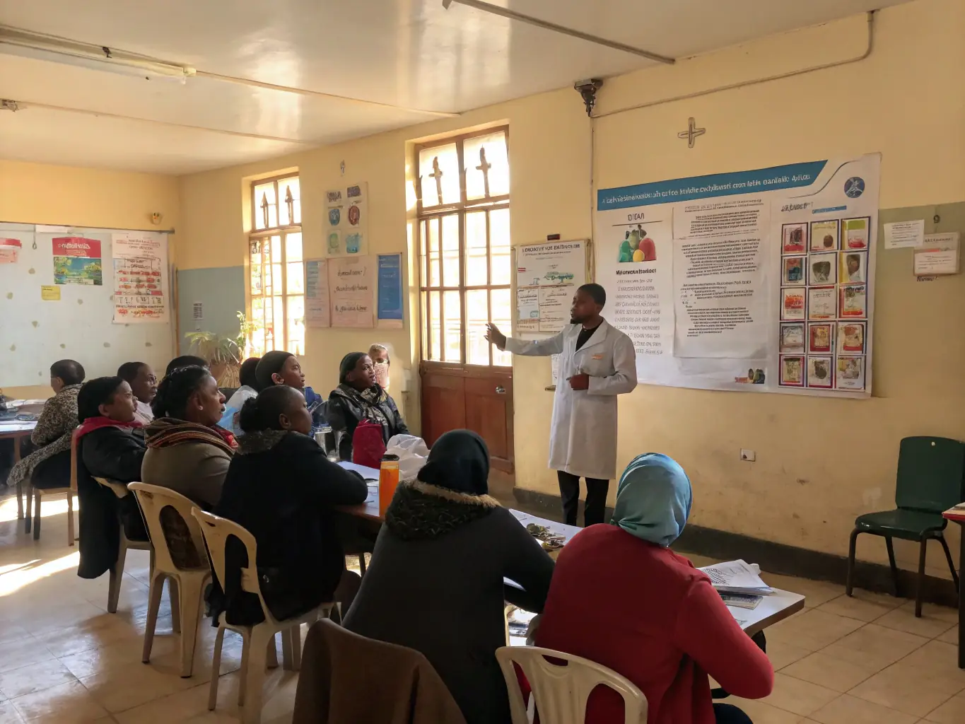 A scene depicting a health education workshop, with healthcare professionals providing information on disease prevention and healthy lifestyle choices to a group of community members.