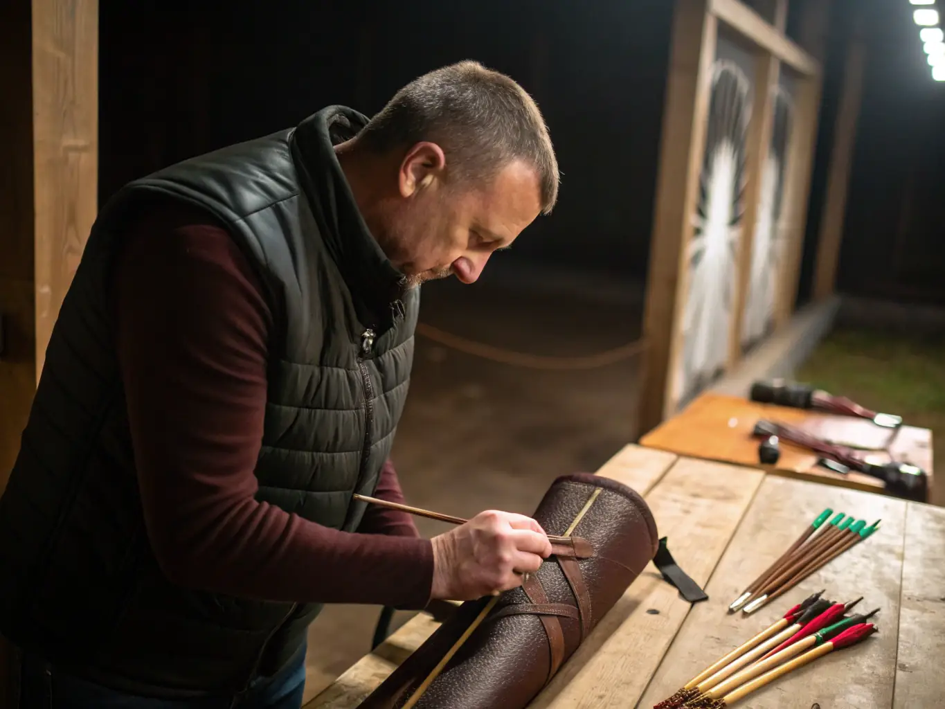 An archer participating in an advanced training session at Massilia Arc Club, focusing on precision shooting and competition strategies, with a coach providing personalized feedback.