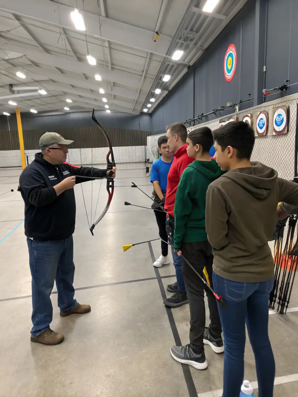 A group of archers participating in a workshop at Massilia Arc Club, focusing on advanced archery techniques and equipment maintenance.