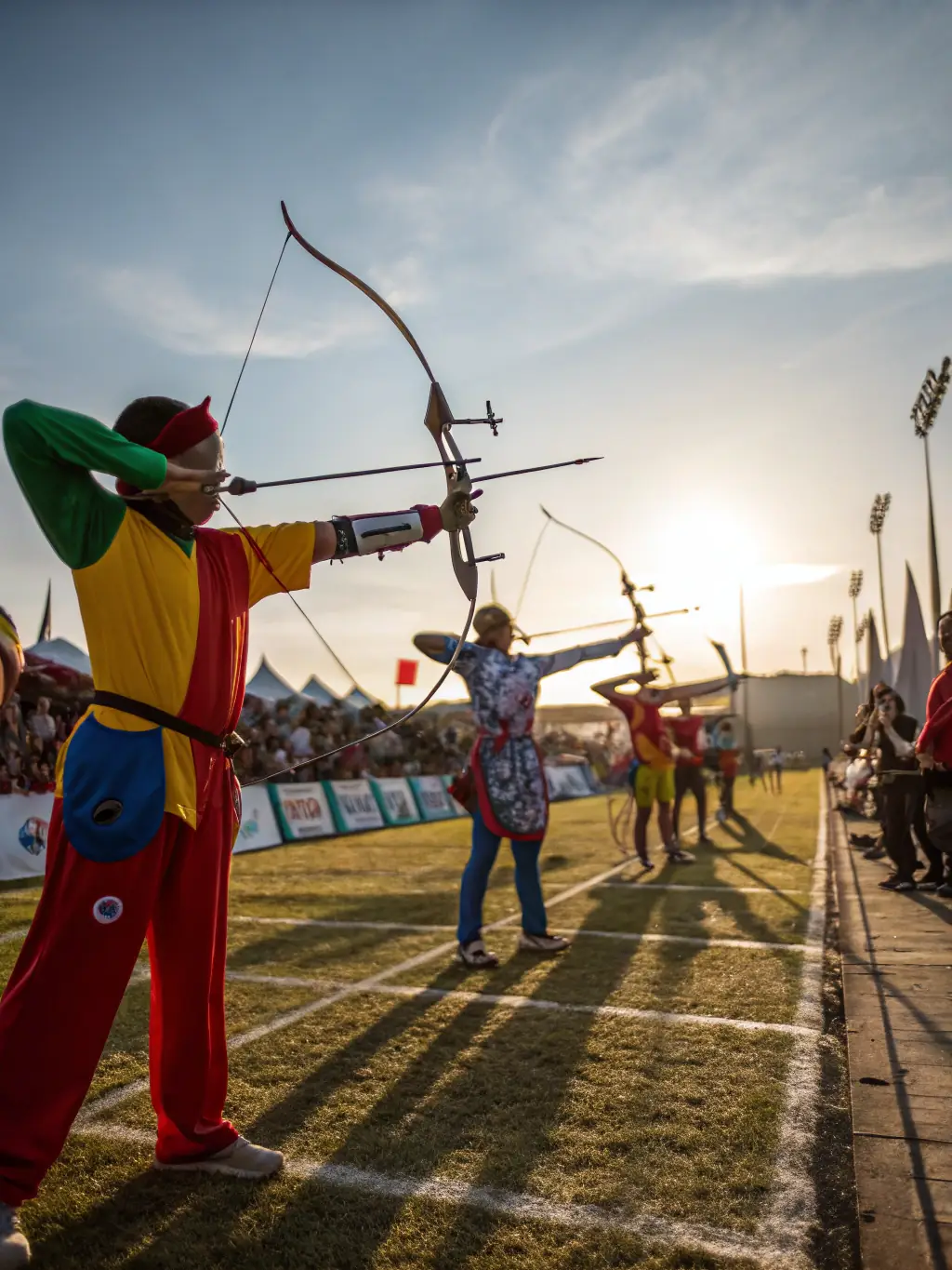 A dynamic shot of archers competing in a local archery tournament, showcasing the competitive spirit and camaraderie within Massilia Arc Club.